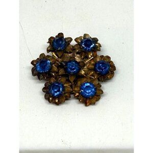 Vintage Unsigned Gold Tone Blue Rhinestone Flower Round Brooch